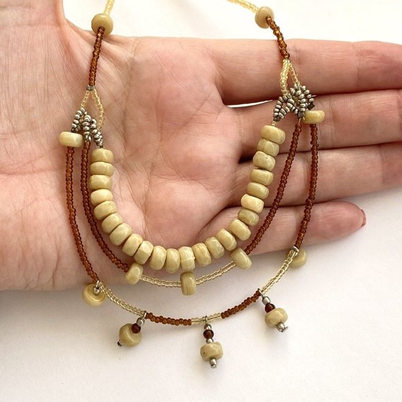 Sweet Honey 3-Tier Layered Neutral Tone Glass Bead Necklace 18-20” - Picture 2 of 3